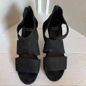 Eileen Fisher “Ellis” Wedge Platform Crossover Leather Sandals- Black sz 7.5